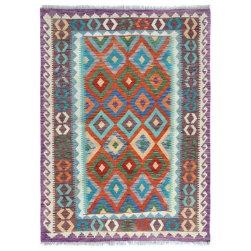 Colorful Flat Weave Afghan Kilim Geometric Design Wool Hand Woven Rug 4'6"x5'10"