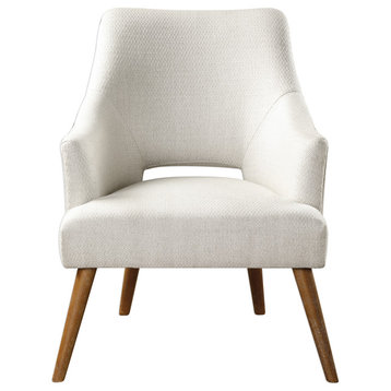 Retro Midcentury Modern White Argyle Chair, Woven Chenille Cream White Wood