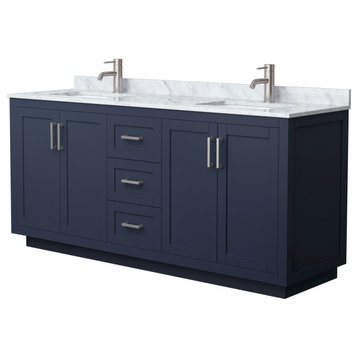 72" Double Bathroom Vanity, Dark Blue, Carrara Countertop, Sinks, Nickel Trim