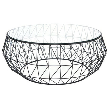 LeisureMod Malibu Modern Round Glass Top Coffee Table With Metal Base, Black