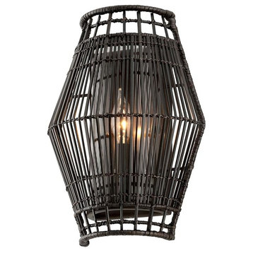 Hunters Point 1-Light Wall Sconce, Espresso, Woven Rattan, Clear Glass Shade