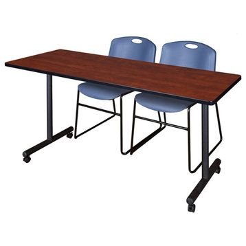 72" x 24" Kobe Mobile Training Table- Cherry & 2 Zeng Stack Chairs- Blue