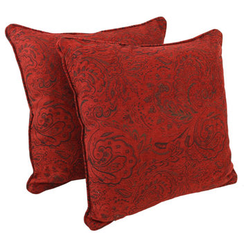 25" Corded Jacquard Chenille Square Floor Pillows Set of 2 Scrolled Floral Red