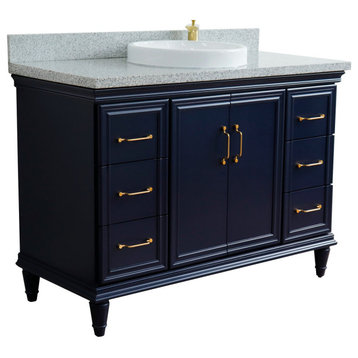 49" Single Sink Vanity, Blue Finish With Gray Granite and Round Sink