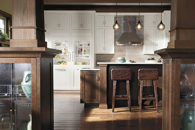 Example of a large transitional l-shaped medium tone wood floor and brown floor enclosed kitchen design in Denver with an undermount sink, beaded inset cabinets, white cabinets, solid surface countertops, gray backsplash, stone slab backsplash, stainless steel appliances and an island
