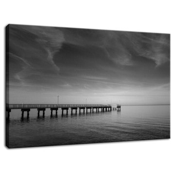 End of the Pier Coastal Black & White Photo Canvas Wall Art Print, 24" X 36"