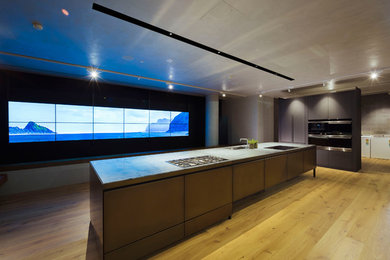 Cette photo montre une cuisine moderne avec îlot.