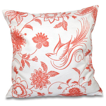 Traditional Bird Floral, Floral Outdoor Pillow, Coral, 20"x20"