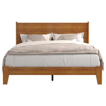 Abby Retro Wood Frame Queen Platform Bed With Headboard, Amber Walnut