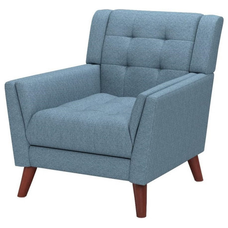 Mid-Century Blue Fabric Armchair with Walnut Rubberwood Legs and Tufted Seat