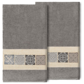 100% Turkish Cotton Vivian 2-Piece Embellished Bath Towel Set, Dark Gray