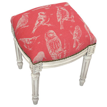 Bird Watch Linen Upholstered Vanity Stool With Nailheads, Coral Red