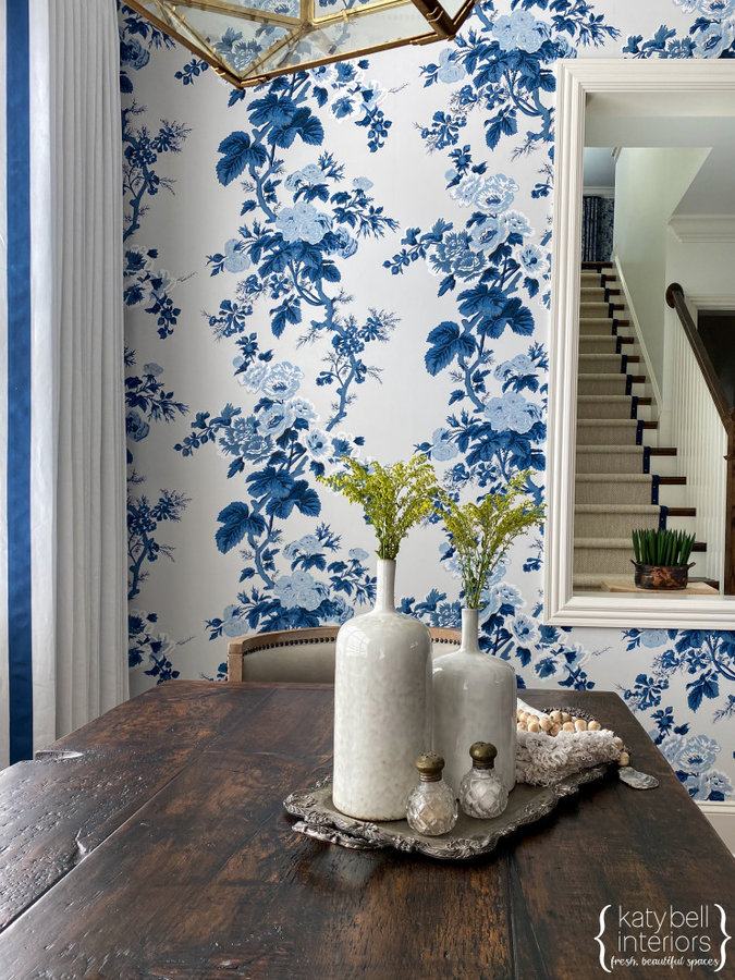 Mixed blue floral wallpaper, Leading Edge Ribbon Trim, Custom Drapery, Custom Se