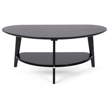 Unique Coffee Table, Curved Design With Double Layer Oval Top & Shelf, Black