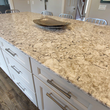 White Kitchen with Gray and Black Quartz Countertop and Bar Area ~ Streetsboro