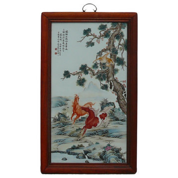 Chinese Rosewood Porcelain Monkey Horses Scenery Wall Plaque Panel