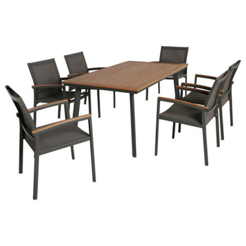 GDF Studio 7-Piece Simon Outdoor Aluminum and Mesh Dining Set With Wood Top