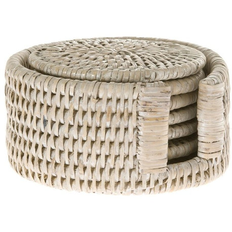 La Jolla Round Rattan Coasters With Holder, Set of 6, White-Wash