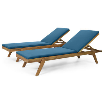 Larimore Outdoor Acacia Wood Chaise Lounge with Cushions (Set of 2), Blue + Teak