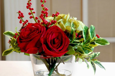 Silk Red Roses and Holly Floral Arrangement