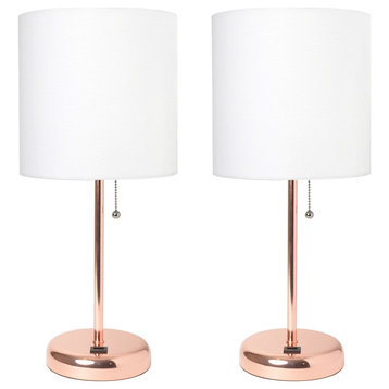 Rose Gold Stick Lamp With Usb Charging Port/Fabric Shade 2 Pack Set, White