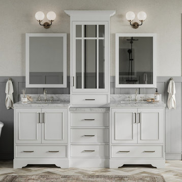 Ariel Stafford 85" Rectangle Sinks Bath Vanity, White, 1.5" Carrara Marble