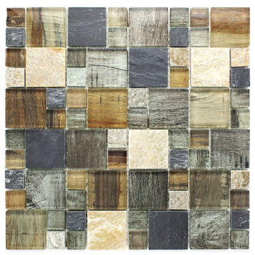 Random Square Grey Brown Wood Look Glass and Stone Mosaic Tile