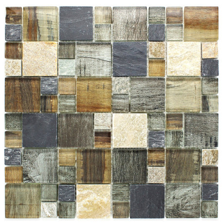 Random Square Grey Brown Wood Look Glass and Stone Mosaic Tile