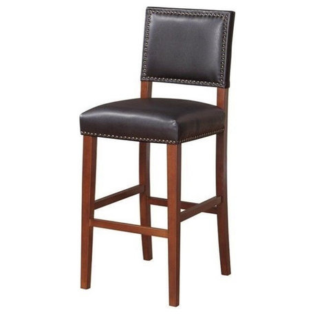 Linon Brook 30" Wood Bar Stool Black Faux Leather Nailhead Trim in Cherry Stain