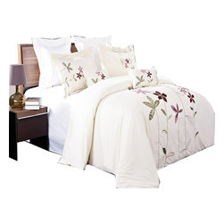 Royal Tradition - South Garden 5PC Embroidered Duvet Cover Set, Ivory, King/Cal King - Duvet Covers And Duvet Sets