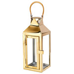 Serene Spaces Living - Square Stainless Steel Lantern, in 3 Sizes & 2 Colors, Gold, Small - Simplicity at its best, the square shape and soft brushed gold finish gives the lantern a vintage feel, whereas, clear glass panes and simple latches keep it looking minimal and modern making it perfect for various décor styles like modern, vintage, rustic, beach, or farmhouse. Each lantern is solidly constructed of stainless steel and tempered glass and narrows at the crown top to a looped handle. Works well both indoor and outdoor in dry conditions. Place a 3" Diameter by 4" Tall candle of your choice inside the lantern to illuminate your space in a soft and serene glow. Or fill it with a collection of beautiful things to create a stunning display. Use them to line your wedding aisle, decorate stairs, create a centerpiece for parties, display on a countertop or coffee table, or light up your outdoor space with flickering light. Pair different sizes together for extra flair. Sold individually, the lantern measures 4.5" Diameter & 10.25" Tall. You can count on quality, design, and manufacturing when you order from Serene Spaces Living products, where we curate everything with love.
