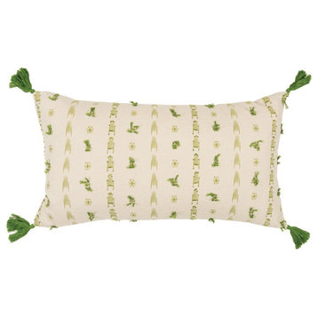 Green Beige Tribal Inspired Tasseled Lumbar Pillow