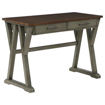 Traditional Desk, Geometric Legs With Trestle Support & 2 Drawers, Slate Gray