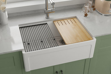 Kitchen - country kitchen idea in Los Angeles with a farmhouse sink and white appliances