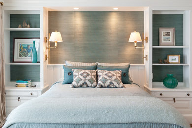 Elegant bedroom photo in Boston with blue walls