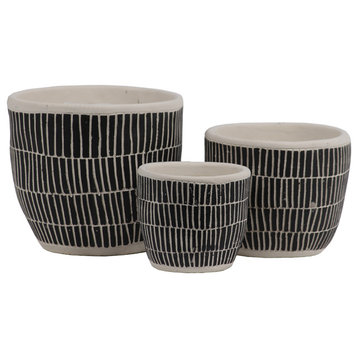 3-Piece Decorative Pot Set With Banded Rim and Embossed Lattice Design, Black