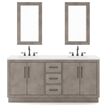 Hugo Carrara White Marble Countertop Bathroom Vanity in Grey Oak, Bronze Handle, 72", Vanity With Mirror