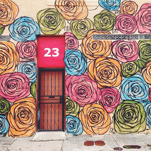 Design ideas for an eclectic front door in Miami with multi-coloured walls, a single front door and a metal front door.
