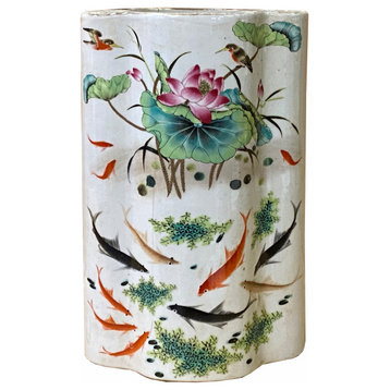 Chinese Off White Porcelain Koi Fishes Flower Shape Vase Hws2355