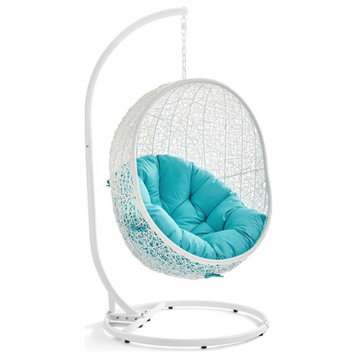 Modway Hide Steel Rattan Outdoor Patio Swing Chair with Stand in White/Turquoise