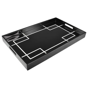Lacquer Rectangle Tray, Black with White Interlock