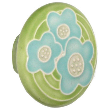 Round Ceramic Flowers Knob, Blue and Green
