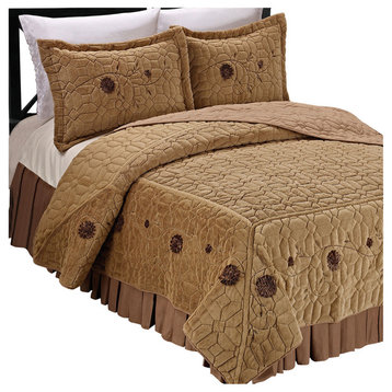 Ribbon Embroidered Faux Fur 3 Piece Bedspread Set, Light Camel, Queen