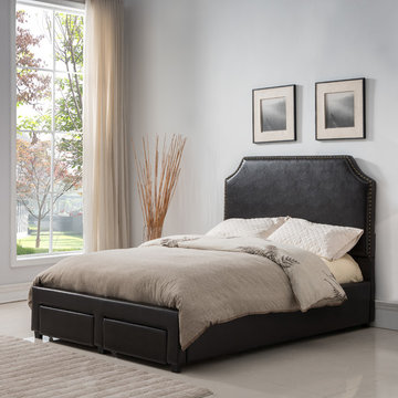 Dark Brown Faux Leather Nailhead Upholstered Platform Slat Bed (Wood Frame)