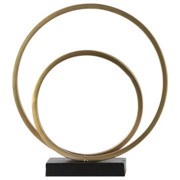 Metal Double Circle Sculpture on Rectangular Base, Gold