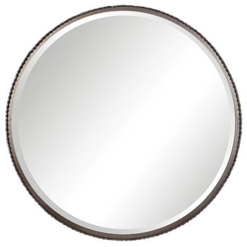 Contemporary Round Iron Rod Wall Mirror 40" Industrial Minimalist Silver Bronze