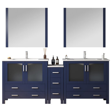 Lexora Volez 84" Vanity Cabinet, Navy Blue, Top, Mirror, 4 Doors 7 Drawers