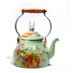 Flower Market Enamel 2 Quart Tea Kettle - Green | MacKenzie-Childs - Kettles