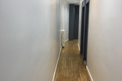 Idées déco pour un petit couloir contemporain avec un mur blanc et parquet clair.