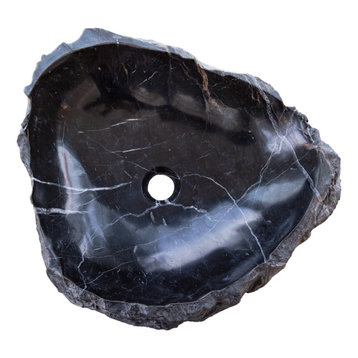 Toros Black Rustic Marble Vessel Sink Polished Interior Hand Chiseled Exterior
